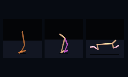 Recorded RLPD policy rollouts for Hopper, Walker2d, and HalfCheetah shown side by side.