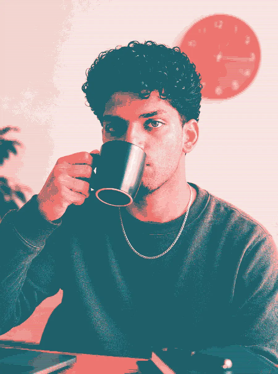 Dithered duotone portrait of Karan Anchan drinking chai